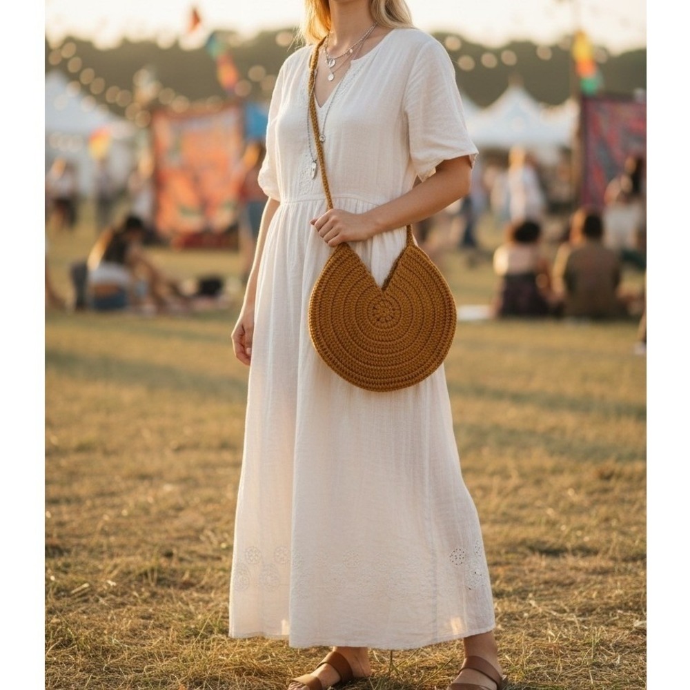 Knit round mustard yellow boho festival crossbody bag